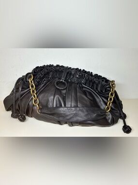 BCBGMaxAzria Black Ruched Leather Shoulder Bag with Gold Chain